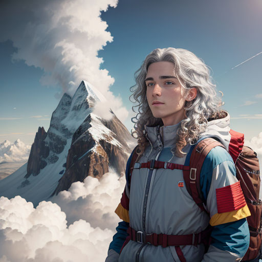 a man with a backpack standing in the clouds with a mountain in the background and a sky with clouds