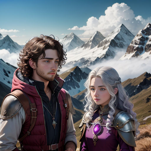 a man and a woman standing in front of a mountain range with snow capped mountains in the background and clouds in the sky