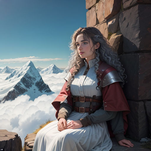 a woman in a white dress sitting on a rock ledge with mountains in the background and clouds in the sky