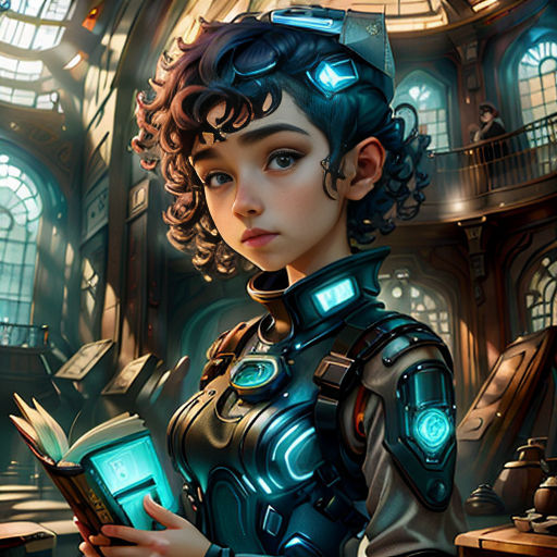 a woman in a futuristic suit holding a book in her hands and looking at the camera with a glowing light on her face