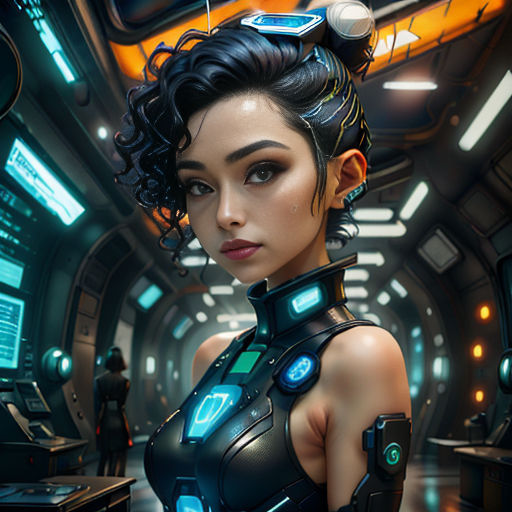 a woman in a sci - fi fi fi suit standing in a room with a computer screen and a man in the background