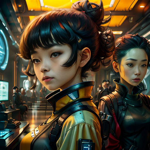 two women in futuristic clothing standing in a room with clocks and other items on the wall behind them,