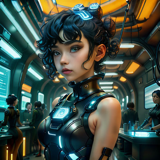 a woman in a sci - fi fi fi suit standing in a room with people in it and a sci - fi light on her head