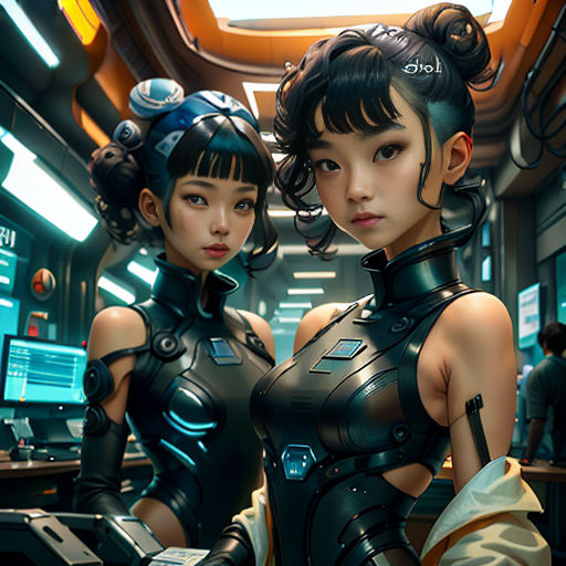 two women in futuristic garb standing in a room with computers on the walls and a skylight above them