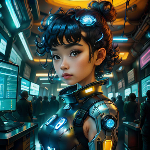 a woman in a sci - fi fi fi suit standing in front of a computer screen with a lot of monitors