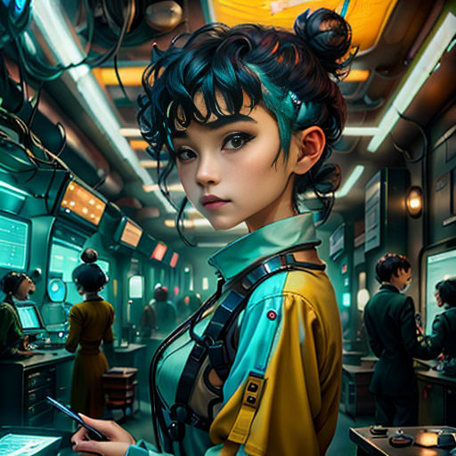 a woman in a futuristic space station with a tablet computer in her hand and a man in a yellow shirt standing next to her