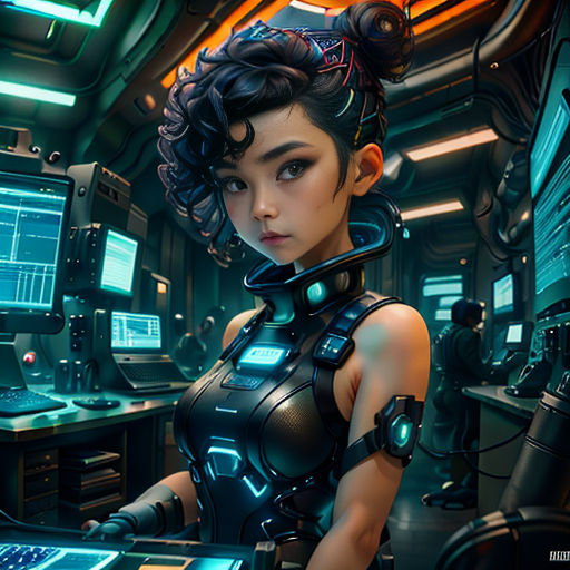 a woman in a sci - fi fashion is sitting at a desk with a laptop and a monitor on it