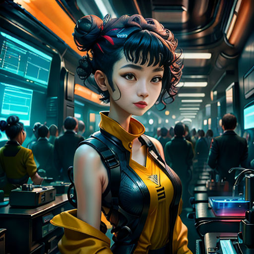 a woman in a yellow dress standing in a room filled with people and a piano keyboard in front of her