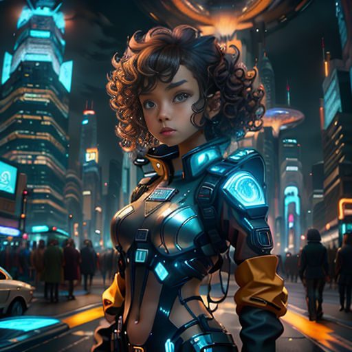a woman in a futuristic city with a futuristic suit on and a futuristic city in the background with a futuristic city
