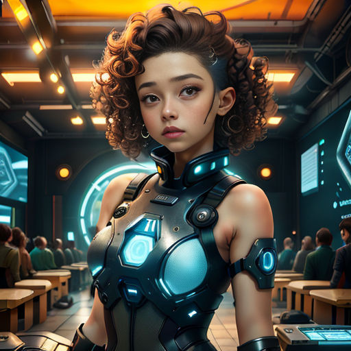 a woman in a futuristic suit standing in a room full of people and looking at the camera with a serious look on her face