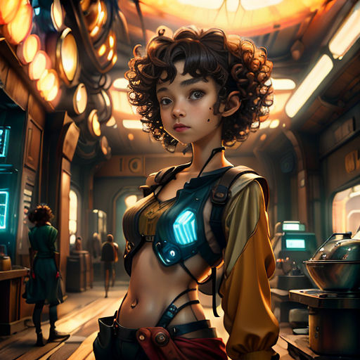 a woman in a futuristic setting with a clock in the background and a man in a suit standing in the background