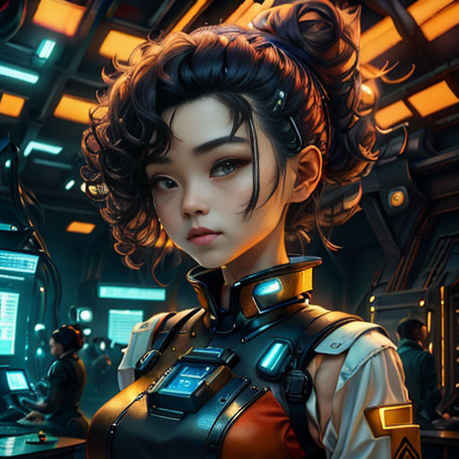 a woman in a sci - fi fi fi space suit standing in front of a computer screen with a monitor