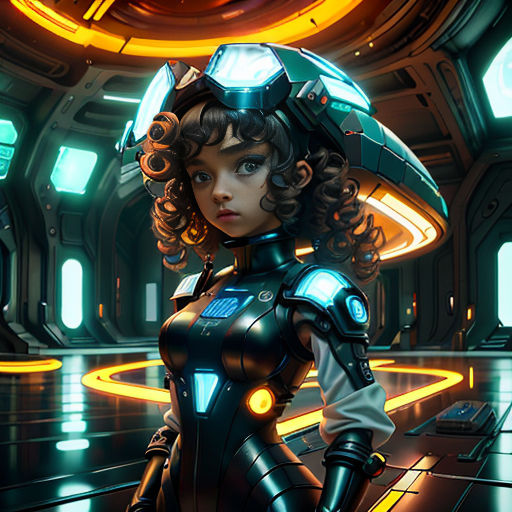a woman in a futuristic suit standing in a room with a clock on the wall and a light on her head