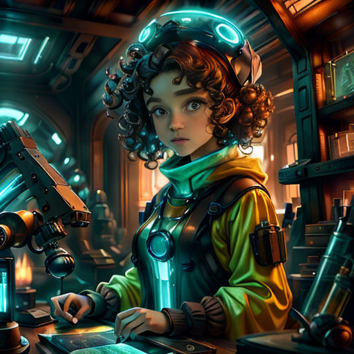 a woman in a science fiction setting looking at a microscope and a microscope in her hand, with a sci - fi fi theme