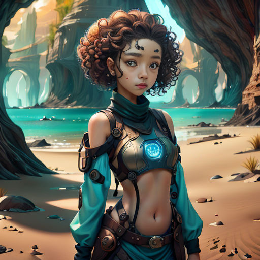 a woman in a futuristic outfit standing in a desert area with a tree in the background and a blue light in her chest