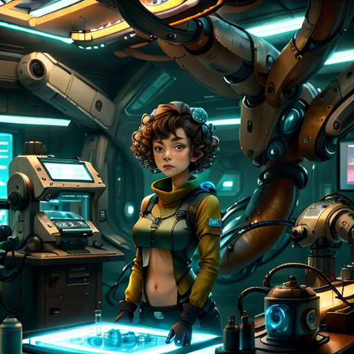 a woman in a sci - fi fi fi suit standing in a room with a machine and a monitor