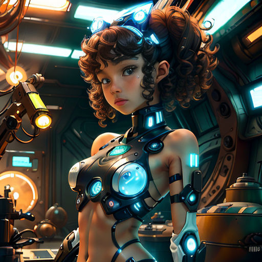 a woman in a futuristic suit standing in a room with a machine and a light on her chest and arm