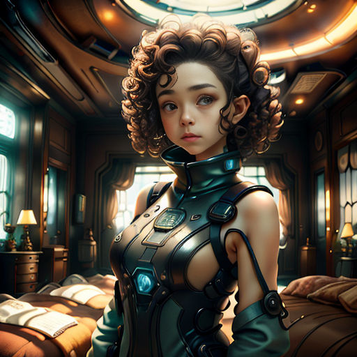 a woman in a futuristic suit standing in a bedroom with a bed and a clock on the wall behind her