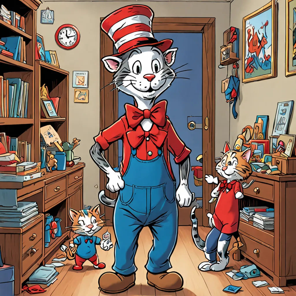 a cat in the hat standing in a room with other cats and a cat in the hat on the floor, furry art, a storybook illustration, Dr. Seuss, official art