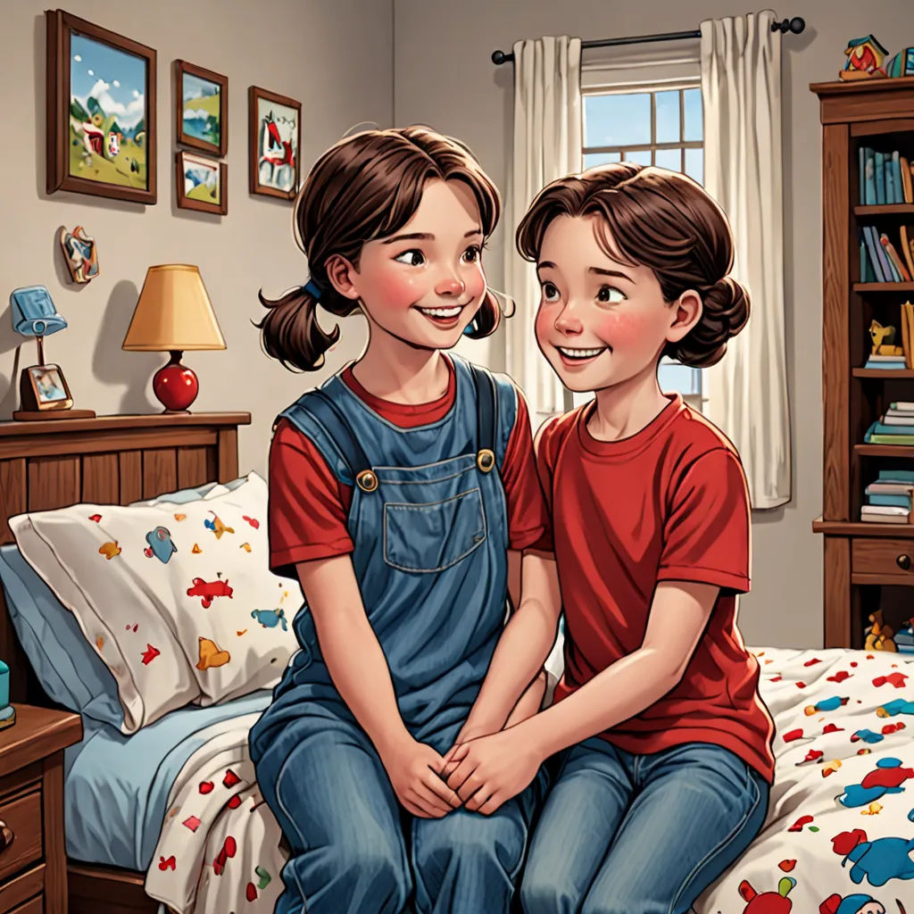 a couple of kids sitting on top of a bed in a bedroom next to a window with a bookcase, american scene painting, a storybook illustration, Bob Byerley, storybook illustration