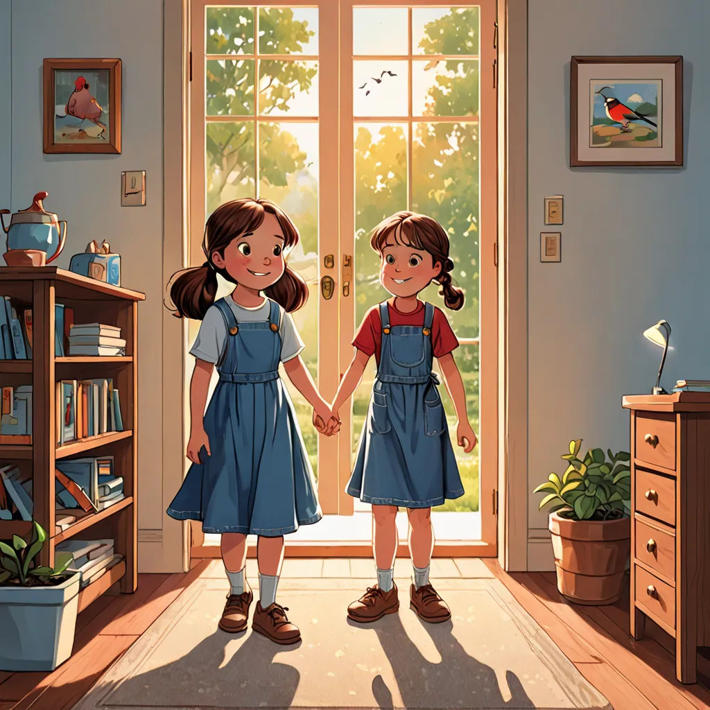 two little girls holding hands in front of a door with a bird on it and a window in the background, american scene painting, a storybook illustration, Brothers Hildebrandt, official art