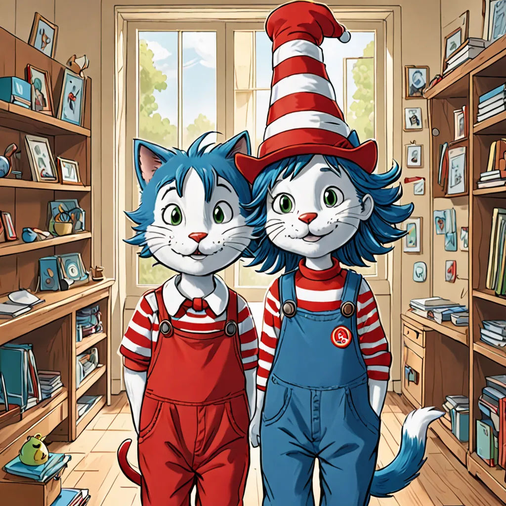 a couple of cats standing next to each other in a room with bookshelves and a cat in a hat, furry art, a storybook illustration, Art Spiegelman, official art