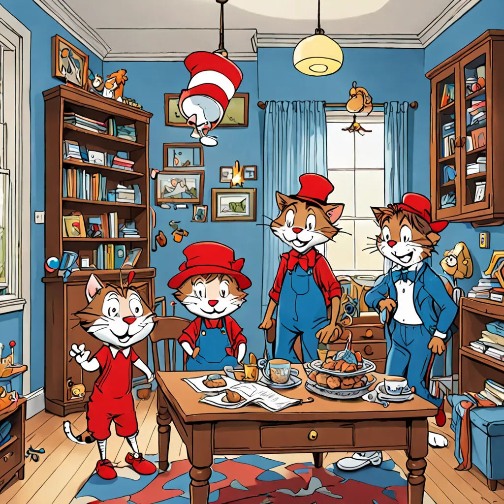 a group of cats standing around a table in a room with blue walls and a cat rug on the floor, furry art, a storybook illustration, Beatrix Potter, promotional image