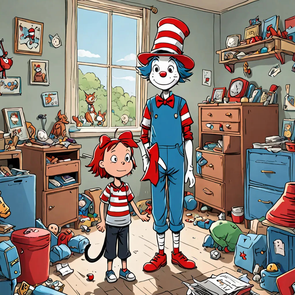 a child and a cat in the hat in a room full of toys and clutters and a cat in the hat, postminimalism, a storybook illustration, Art Spiegelman, promotional image