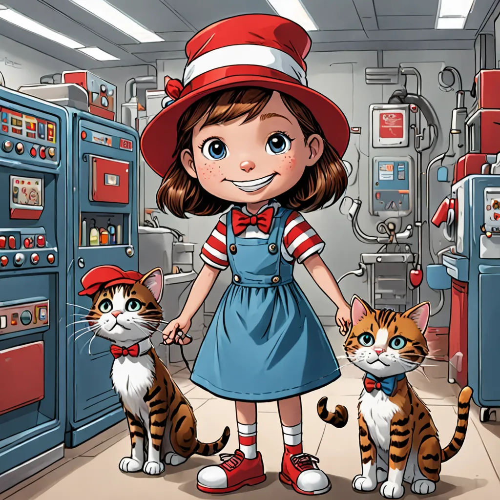 a girl in a red hat and a cat in a blue dress and red shoes in a kitchen with a refrigerator, furry art, a comic book panel, Cliff Childs, comic cover art