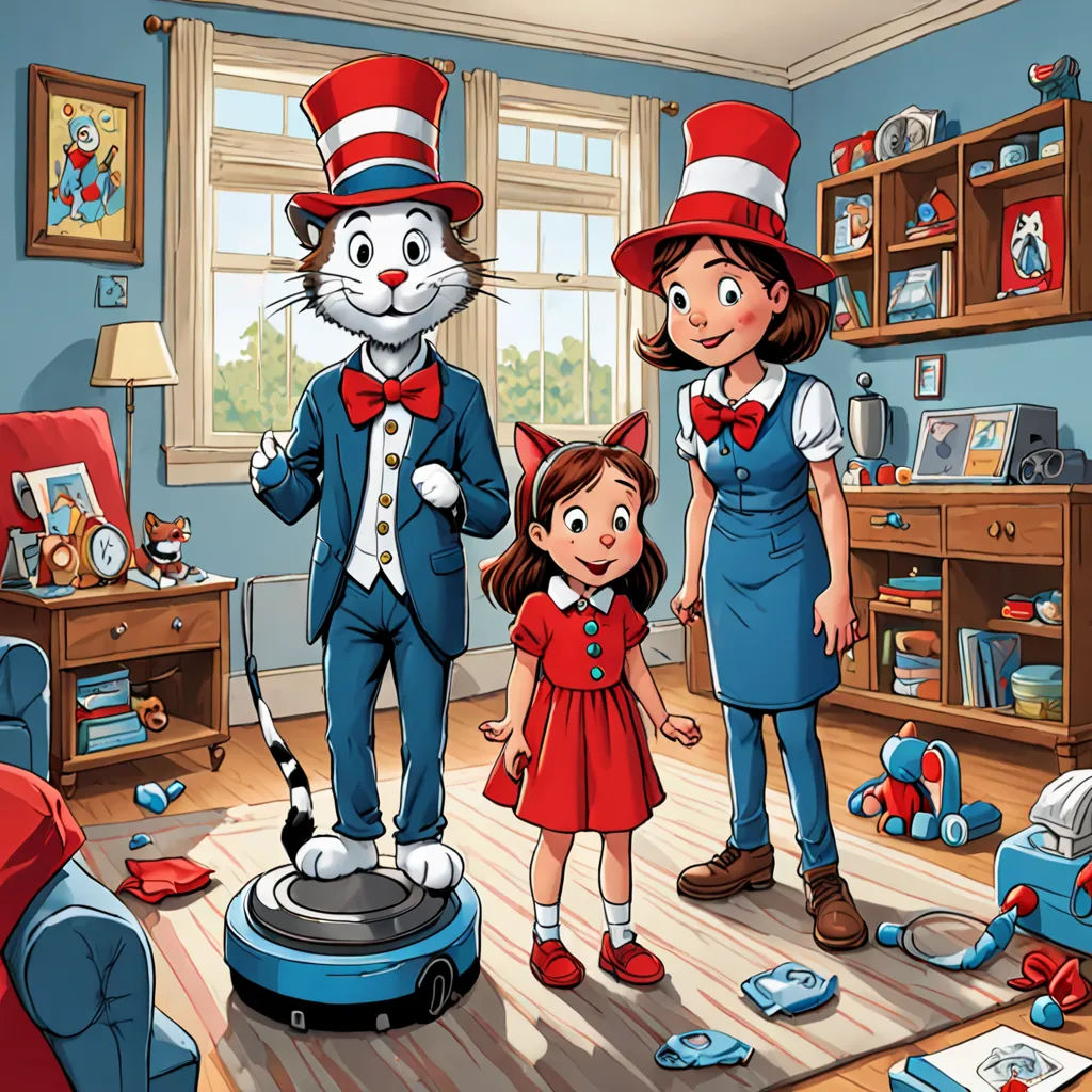a cartoon of a cat in the hat and two children in a room with a vacuum and a cat in the hat, american scene painting, a storybook illustration, Dr. Seuss, promotional image
