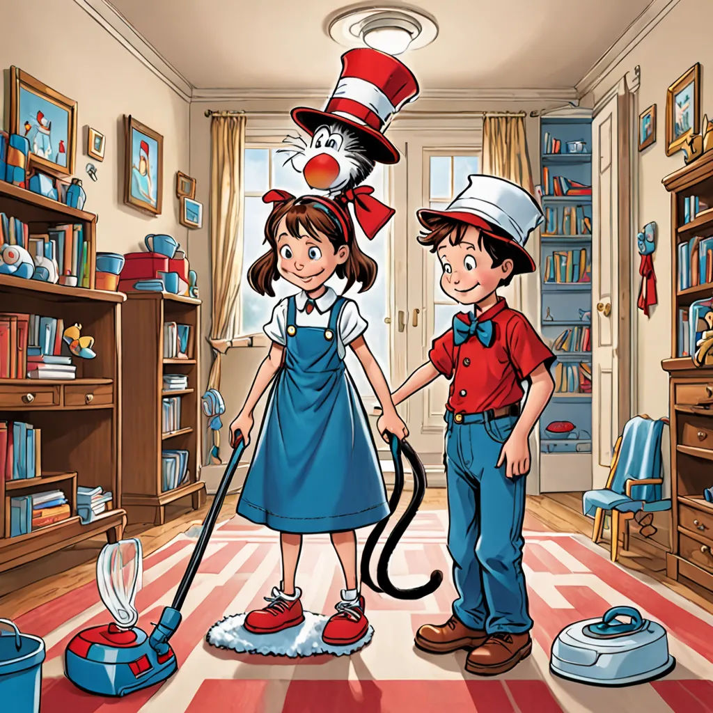a boy and a girl are standing in a room with a cat in the hat on top of a vacuum, lyco art, a storybook illustration, Bob Byerley, official art