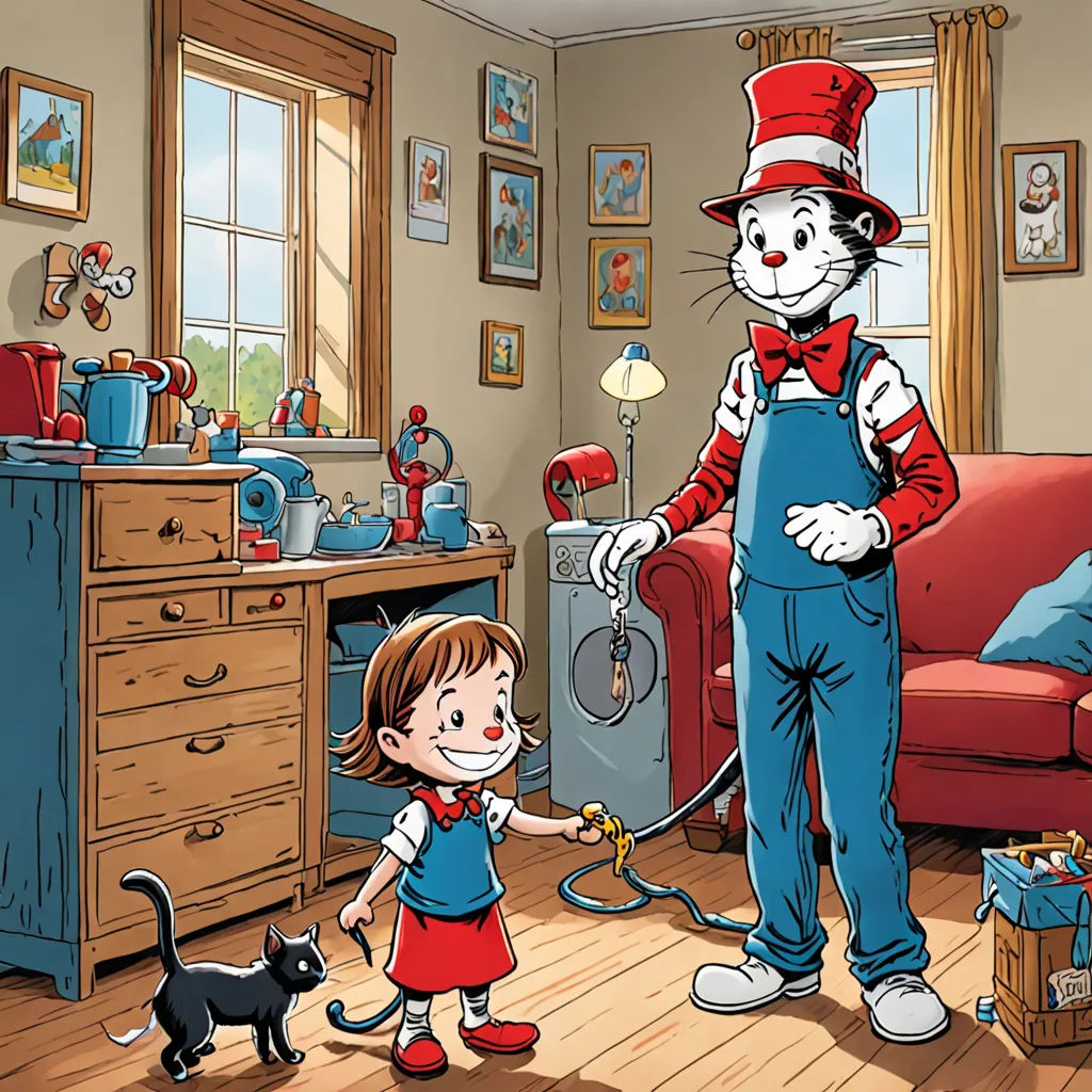 a cat in the hat and a little girl in a room with a cat in the hat and a cat in the hat, furry art, a storybook illustration, David Brewster, promotional image