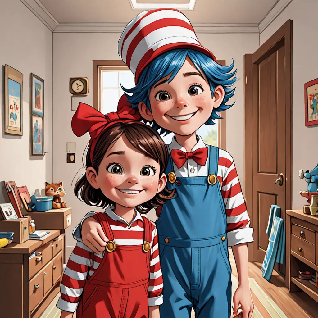 a cartoon of a boy and girl in a room with a cat in the hat on their heads and a cat in the hat on their head, verdadism, a storybook illustration, Cliff Childs, rossdraws global illumination
