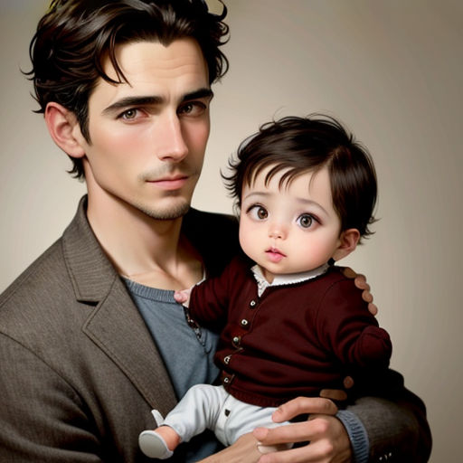 a man holding a baby in his arms with a brown jacket on and a white shirt on his chest