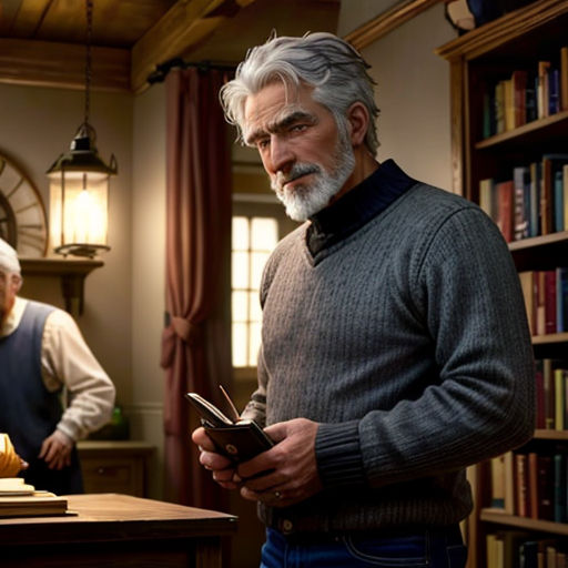a man standing in a room with a book and a phone in his hand and a man in the background