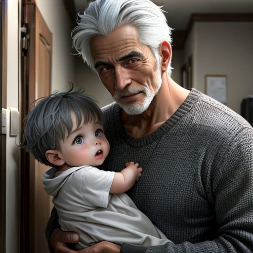 a man holding a small child in his arms in a room with a door and a window behind him
