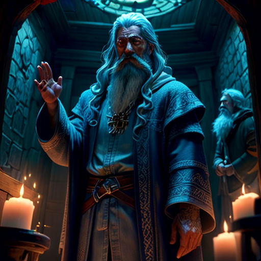 a wizard standing in a doorway with candles around him and a staff of fire behind him in the background