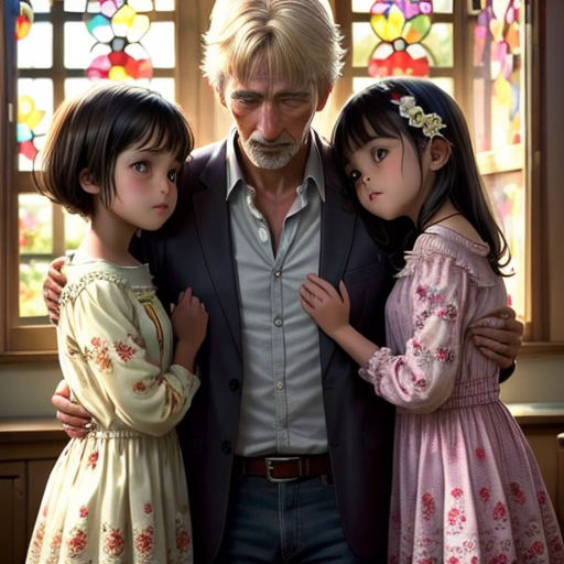 a man standing next to two little girls in front of a stained glass window with stained glass behind him