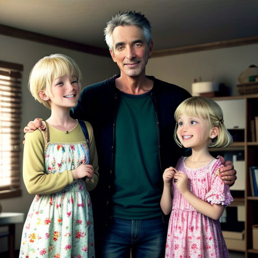 a man and two little girls standing next to each other in a living room with a window behind them