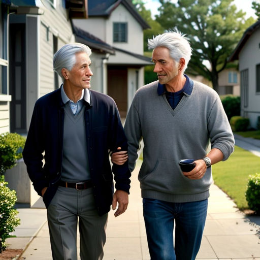 two men walking down a sidewalk holding hands and smiling at each other's eyes, with a house in the background