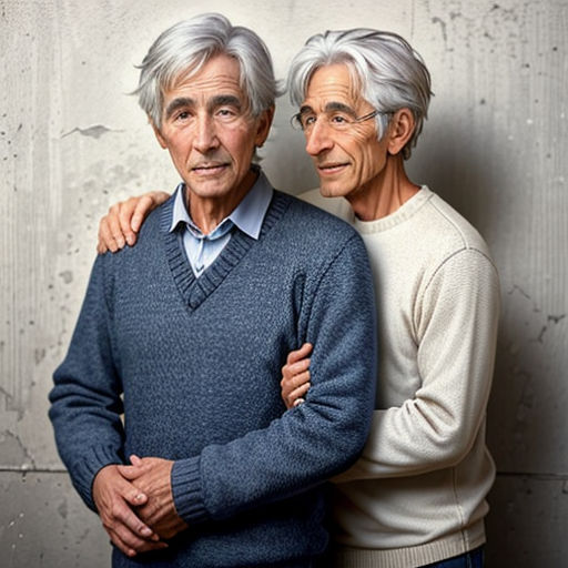 two older men standing next to each other in front of a wall with a cement wall behind them and a white wall behind them