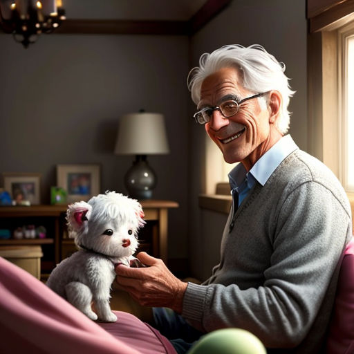 a man sitting in a chair holding a small white dog in his lap and smiling at the camera man is holding a small white dog