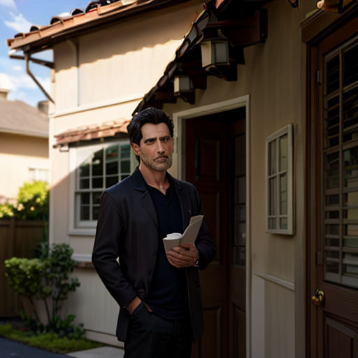 a man standing in front of a house holding a paper in his hand and looking at the camera with a clipboard in his hand