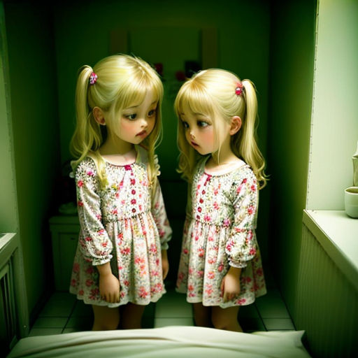 two little girls standing in a bathroom next to each other with their hair in pigtails and dresses on