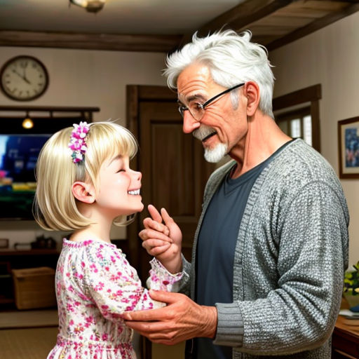 a man and a little girl standing in a living room together, with a clock in the background and a painting of an older man holding a young girl's hand