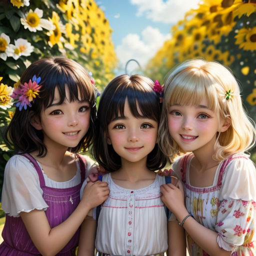 three little girls standing next to each other in front of a sunflower field with a sky background and sunflowers