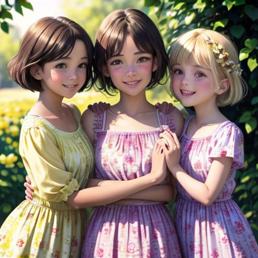 three young girls are standing together in a field of flowers and trees, one is wearing a yellow dress
