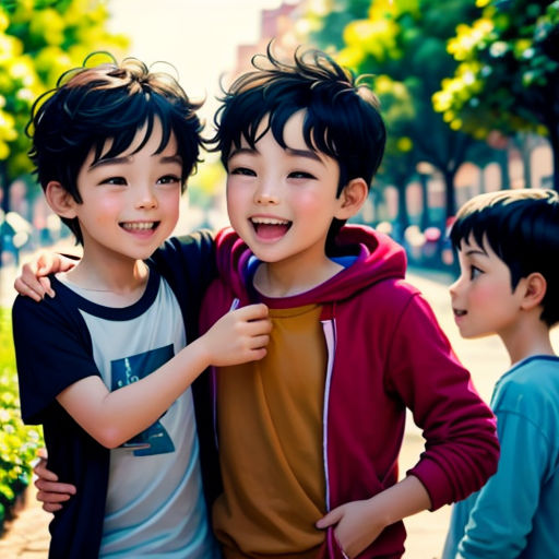 three young boys standing next to each other on a sidewalk with trees in the background and one boy is holding his arm around the other boy