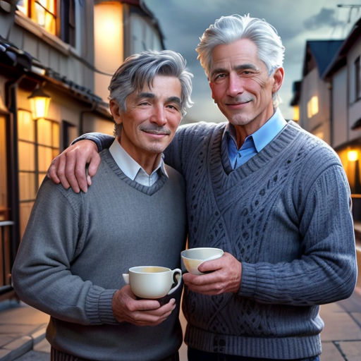 two men standing next to each other holding cups of coffee in their hands and smiling at the camera with a building in the background