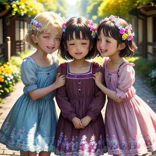 three little girls standing next to each other on a sidewalk with flowers in their hair and dresses on their heads